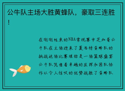 公牛队主场大胜黄蜂队，豪取三连胜！